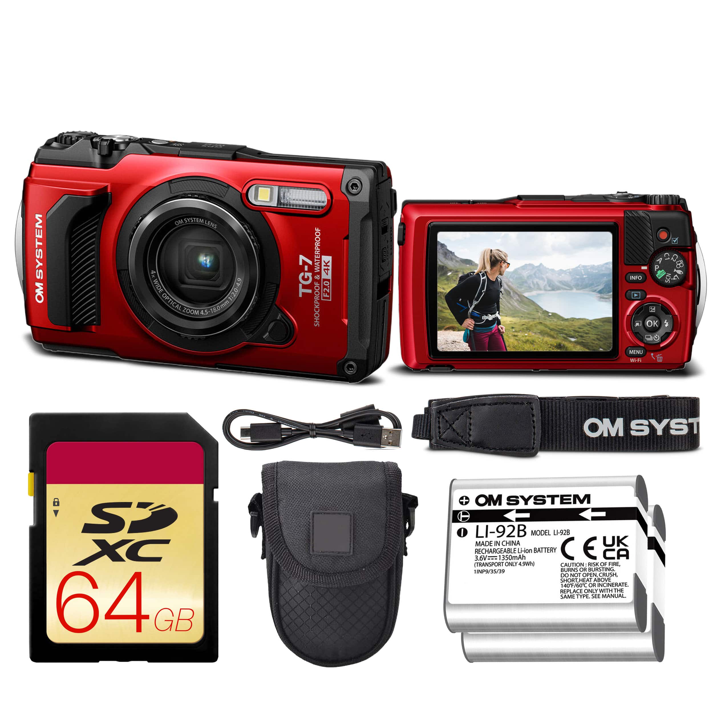 OM System - Tough TG-7 Digital Camera Bundle (Red) + 64GB Card + Case + Battery