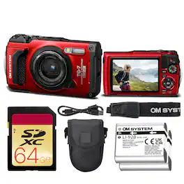 Bundle - OM System - Tough TG-7 Digital Camera + 64GB Card + Case + Battery - Red