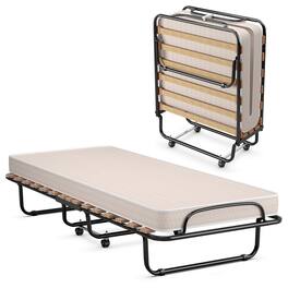 Gymax - Folding Bed Rollaway Metal Guest Bed Sleeper Made in Italy w/ Memory Foam Mattress - Beige