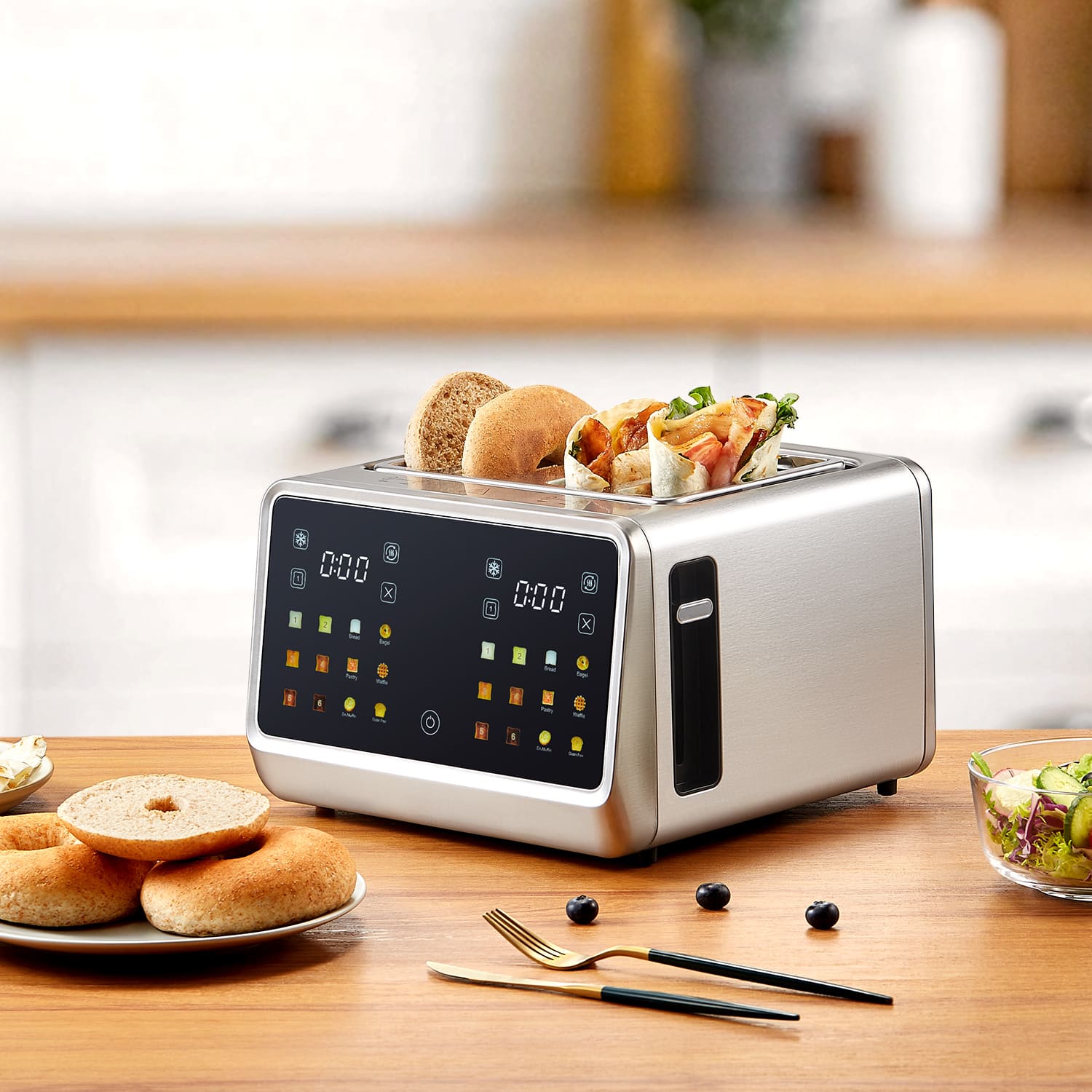 KEINVE - 4-Slice Toaster with Smart Touch Control, 6 Shade Levels & 6 Bread Settings, Extra Wide Slot for Bagels/English Muffins - Silver