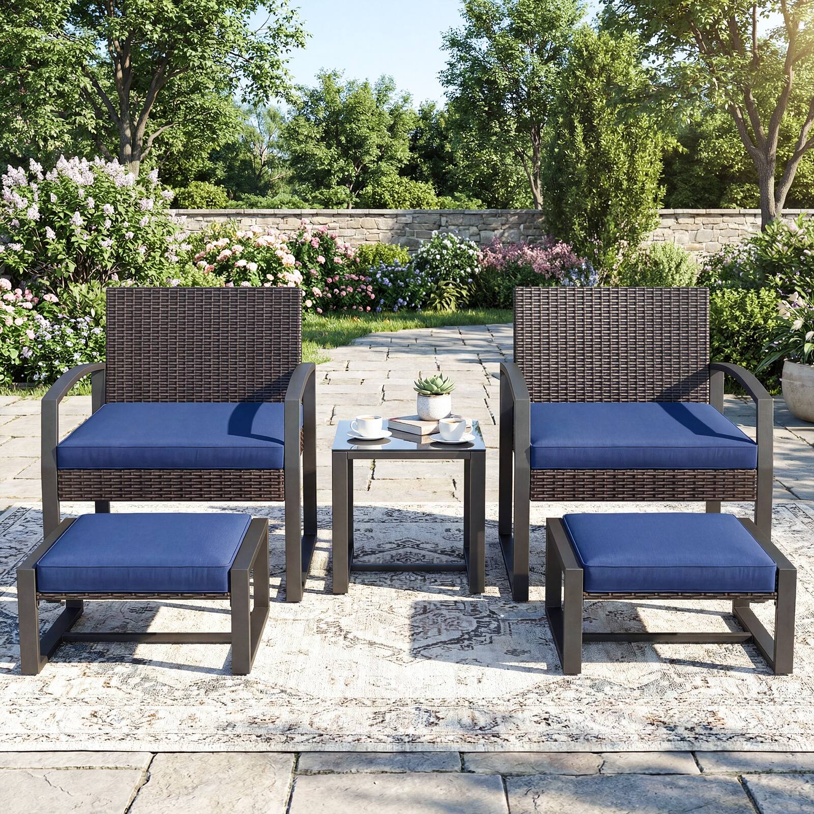 Alt View 3. Costway - Costway Outdoor Furniture Set, Patio Rattan Conversation Set for Balcony,Porch, Backyard - Mix Brown+Navy Blue.
