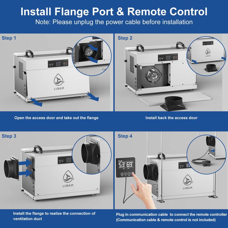 Install Flange Port & Remote Control  
Note: Please unplug the power cable before installation  

Step 1  
Open the access door and take out the flange  

Step 2  
Install back the access door  

Step 3  
Install the flange to realize the connection of ventilation duct  

Step 4  
Plug in communication cable to connect the remote controller (Communication cable & remote control is not included)