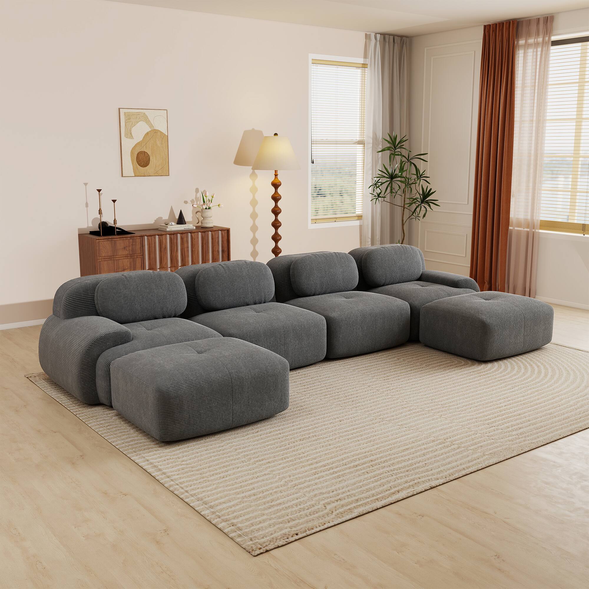 Aukfa - 4 Seats + 2 Ottoman Modular Corduroy Sectional Sofa - Ergonomic Support, Pet Friendly, Easy Assembly, Non-Slip Base - Gray