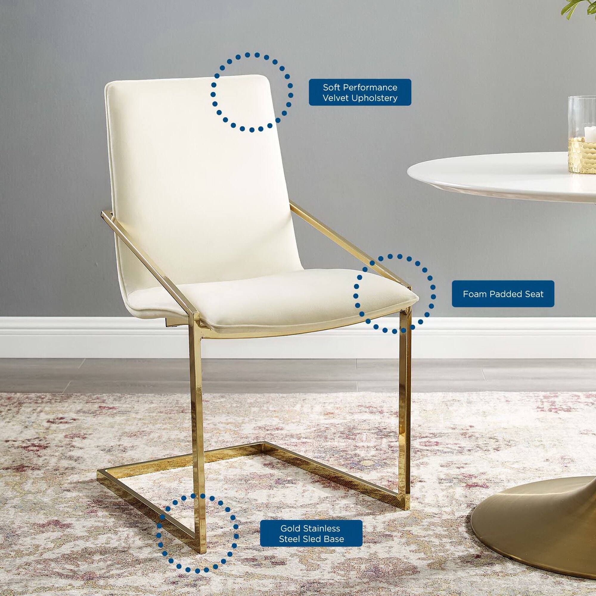 - Soft Performance Velvet Upholstery
- Foam Padded Seat
- Gold Stainless Steel Sled Base