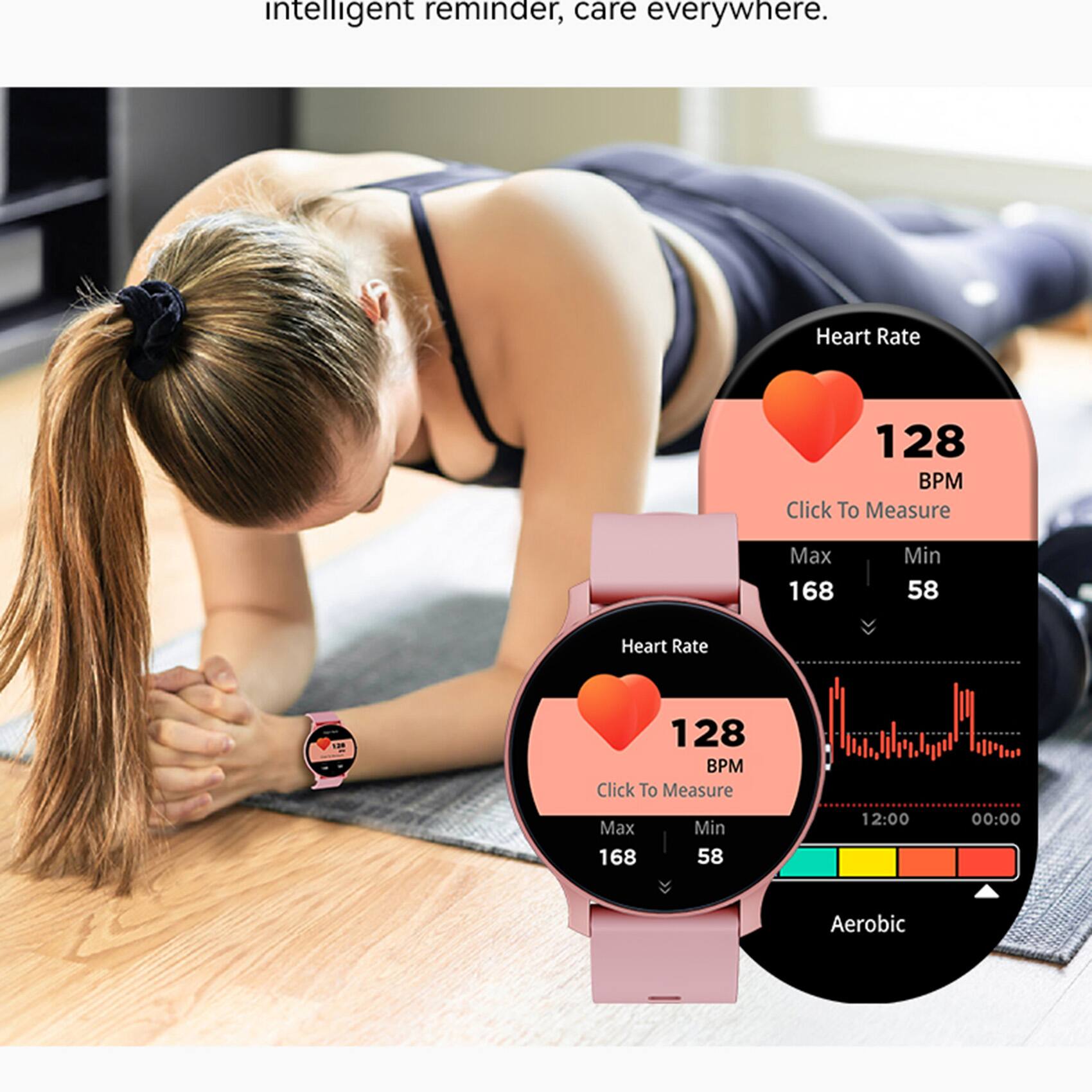 intelligent reminder, care everywhere.

Heart Rate 128 BPM  
Click To Measure  
Max 168  
Min 58  

Heart Rate 128 BPM  
Click To Measure  
Max 168  
Min 58  

12:00  
00:00  

Aerobic
