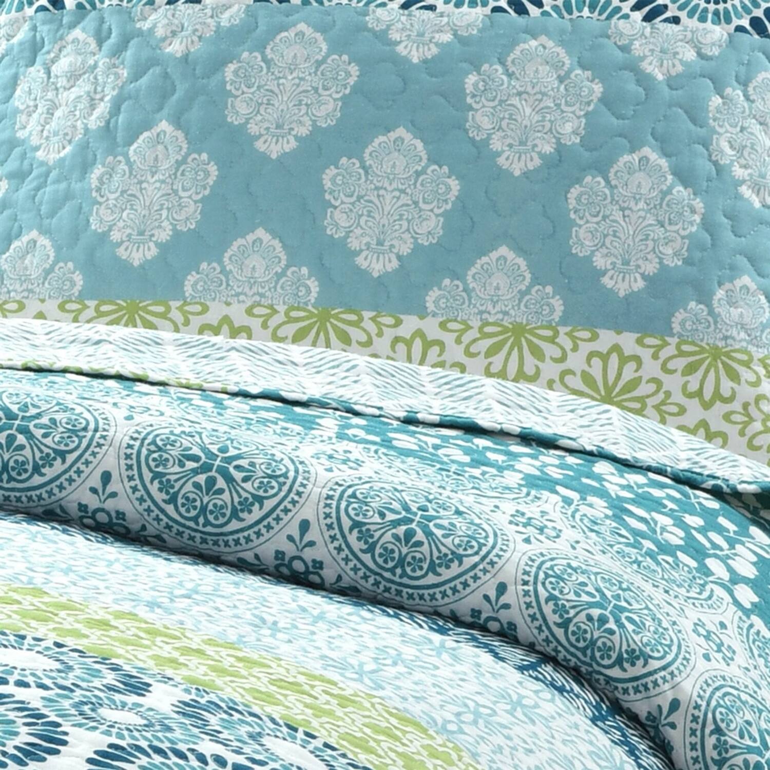 Alt View 1. Hivvago - Full/Queen Cotton 3 Piece Reversible Blue White Green Floral Damask Quilt Set - Blue, White, Green.