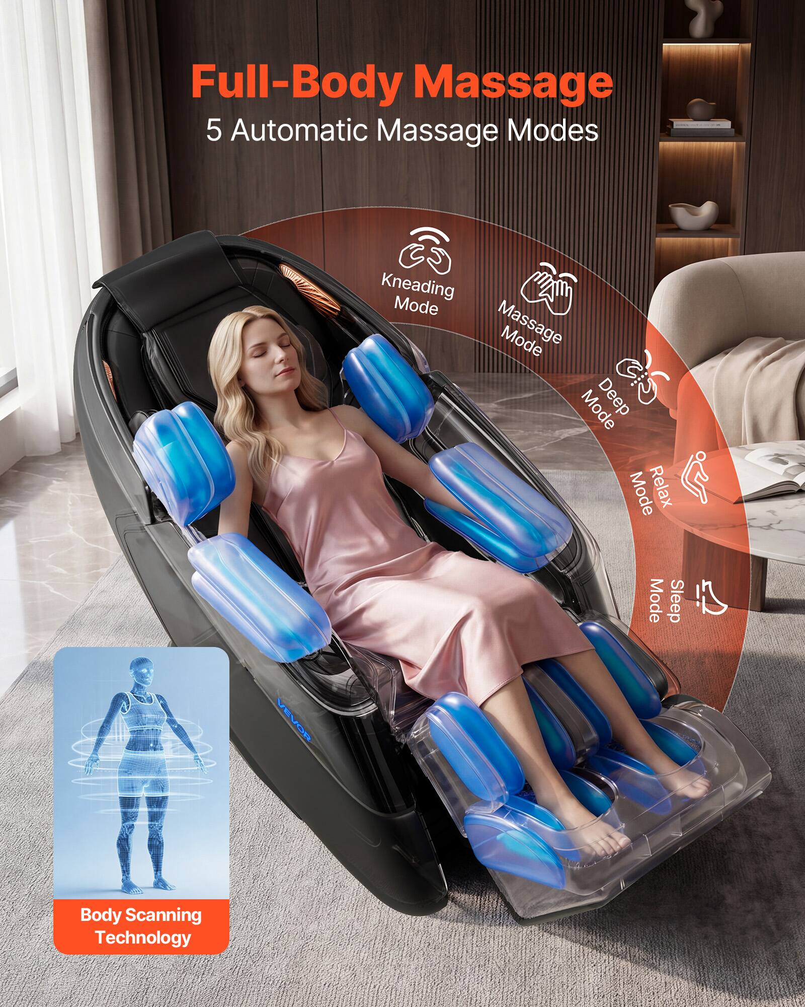 Full-Body Massage  
5 Automatic Massage Modes  
Kneading Mode  
Massage Mode  
Deep Mode  
Relax Mode  
Sleep Mode  
NOASA Body Scanning Technology