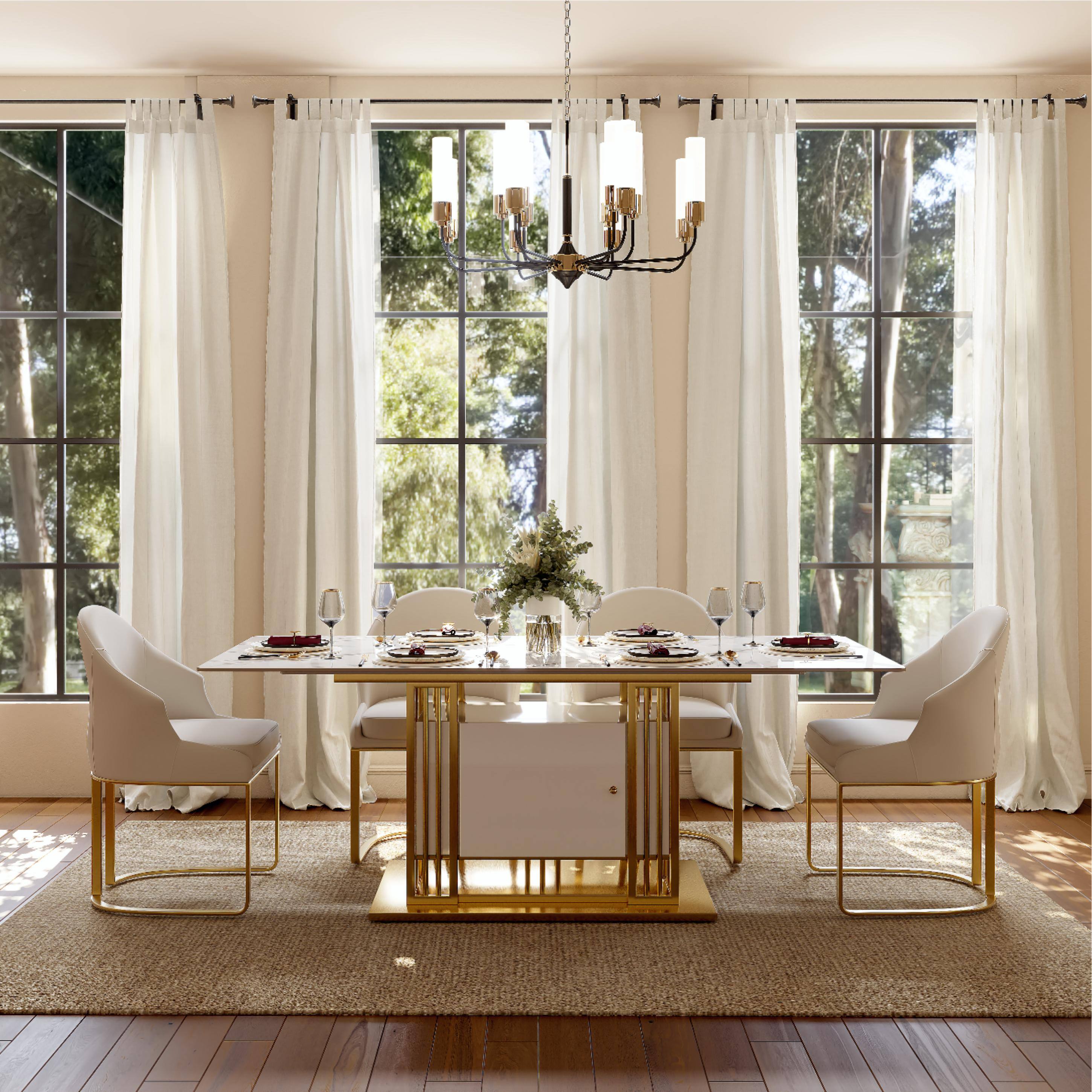 Alt View 3. POVISON - Modern Luxury Upholstered Beige Dining Chairs Set of 2, Boucle Dining Chairs, Low Back Dining Chairs with Gold Legs - Green PU Leather.