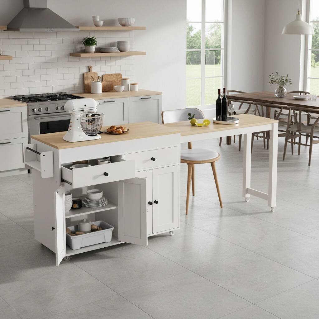 Left. Forest'nSky - Kitchen Island on Wheels, 74.5 inch with Extendable Dining Table, 4 Door Cabinet, 2 Drawers & Spice Rack, White - White.