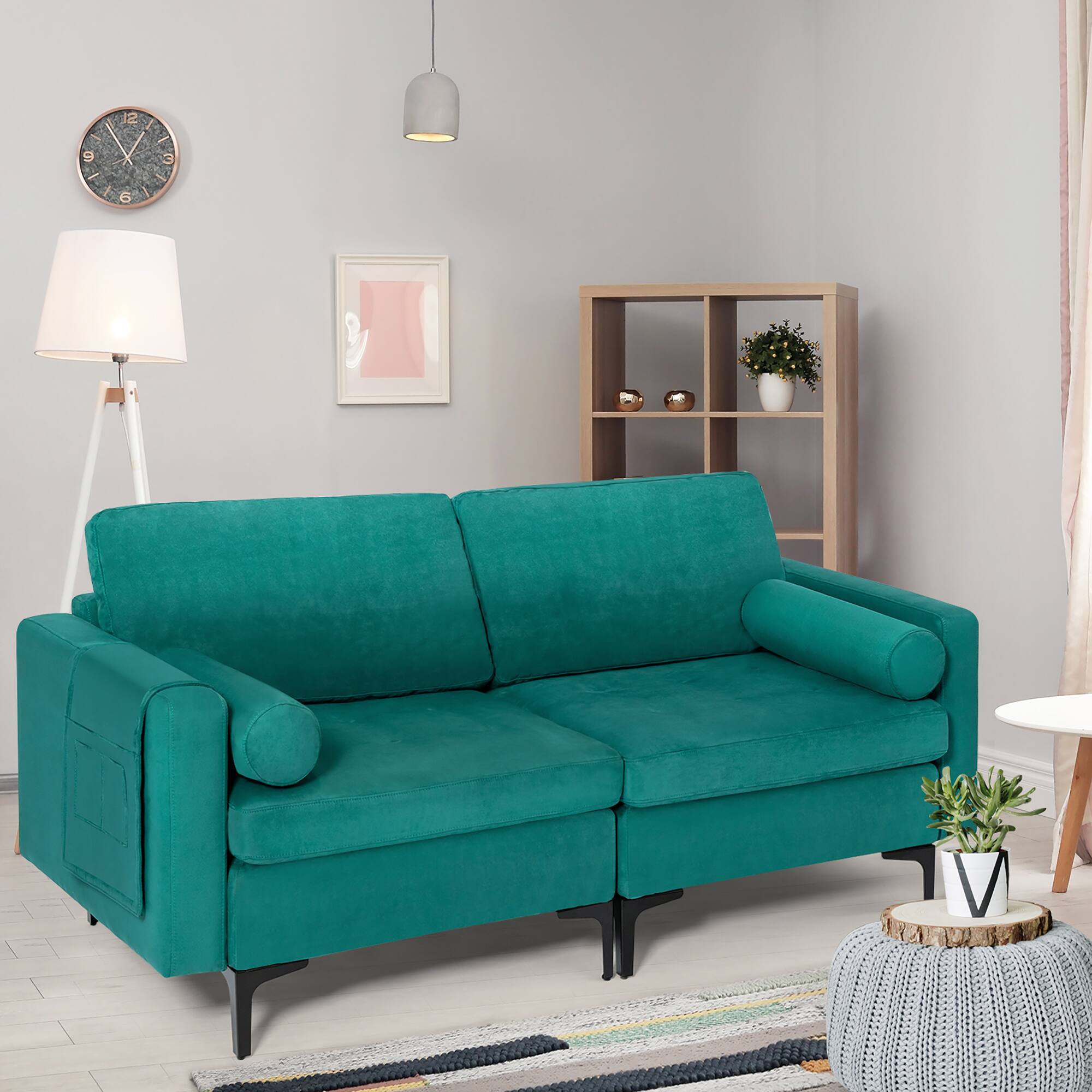 Alt View 1. Costway - Costway Modern Loveseat 2-Seat Sofa Couch w/ 2 Bolsters Side Storage Pocket Teal - Teal.