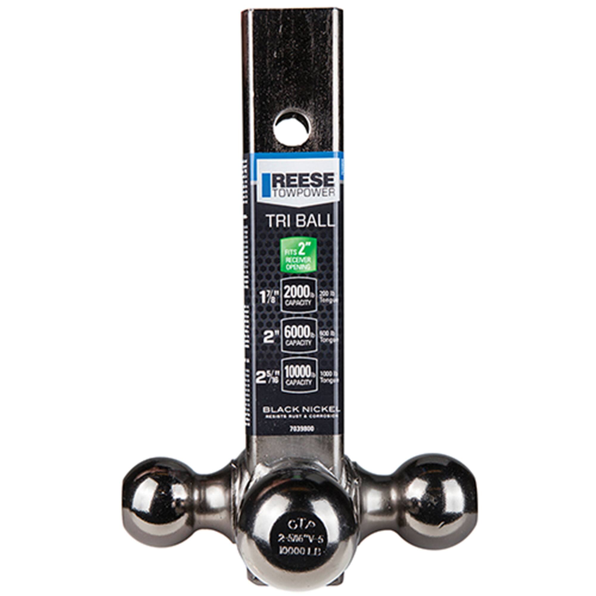 REESE TOWPOWER  
TRI BALL  
FITS 2" RECEIVER OPENING  
1 7/8" CAPACITY 2000 lbs  
2" CAPACITY 6000 lbs  
2 5/16" CAPACITY 10000 lbs  
BLACK NICKEL  
GTA 2506V-5  
10000 lbs