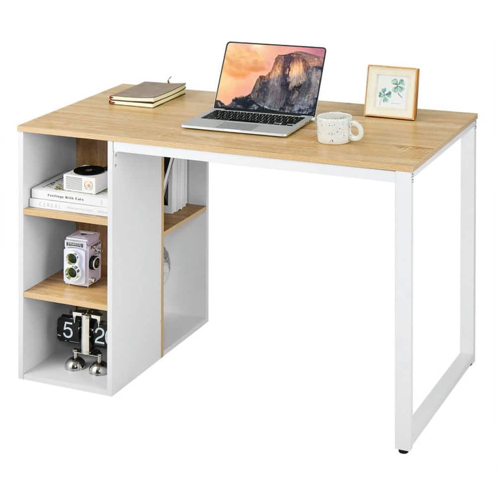 Pefilos - Computer Desk with 5 Side Shelves & Metal Frame, Office Desk, Gaming Computer Desks for Study,Working,Writing - Brown
