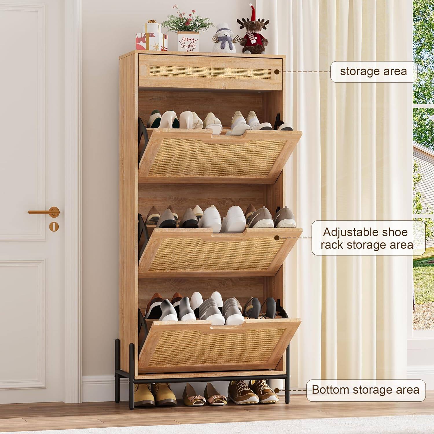 - Storage area
- Adjustable shoe rack storage area
- Bottom storage area