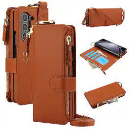 Dteck - Crossbody Wallet Case for Samsung Galaxy Z Fold5,Ring Holder Card Slot Zipper Pocket PU Leather Flip Cover + Wrist Strap - Brown