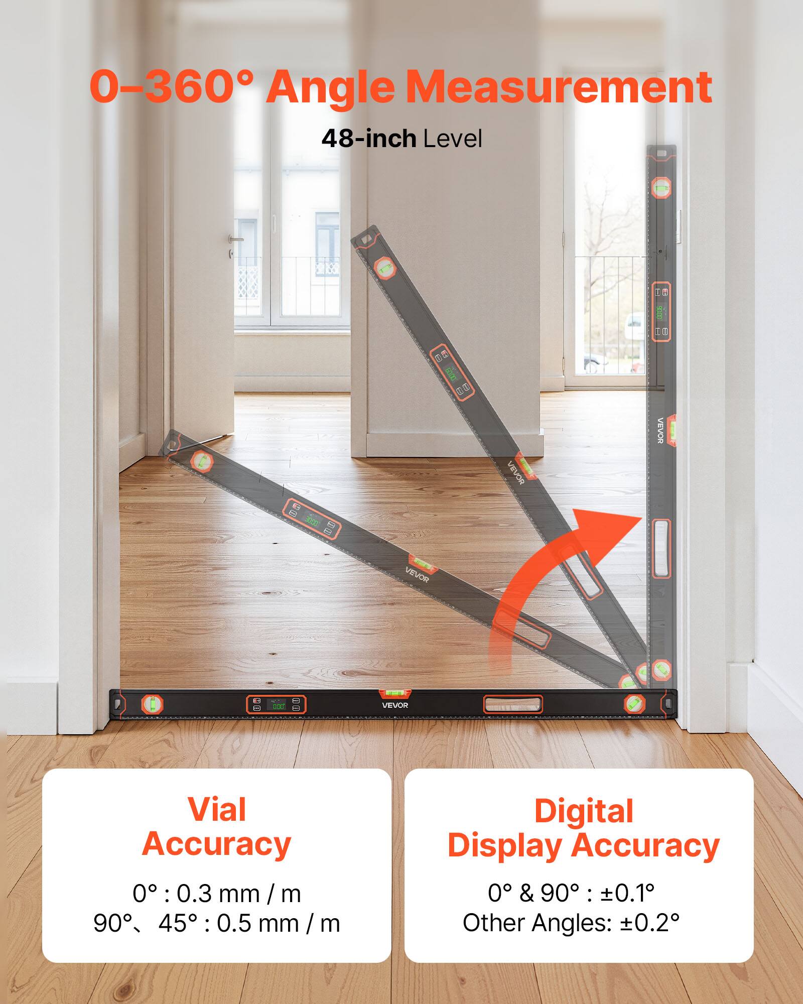 0-360° Angle Measurement  
48-inch Level  

Vial Accuracy  
0°: 0.3 mm/m  
90°, 45°: 0.5 mm/m  

Digital Display Accuracy  
0° & 90°: ±0.1°  
Other Angles: ±0.2°