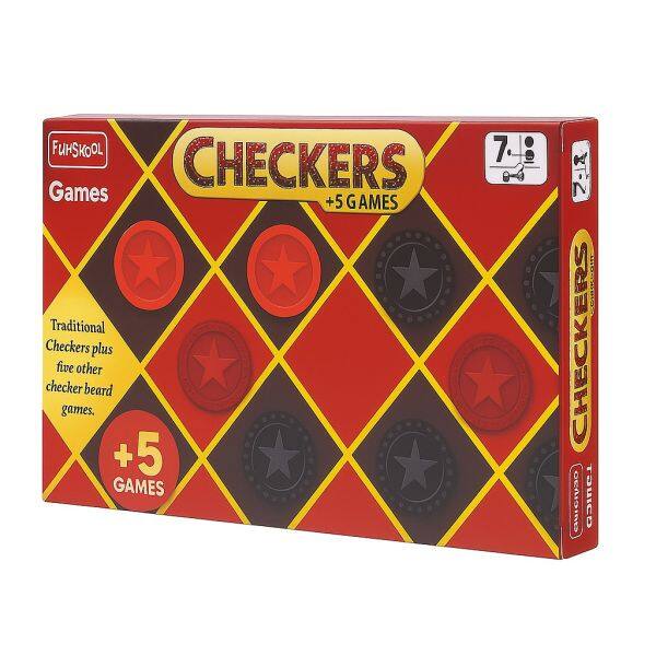FUHSKOOL CHECKERS Games +5 GAMES Traditional Checkers plus five other checker board games. +5 GAMES 7-M COMPLETE CHECKERS SUCH3O UICo