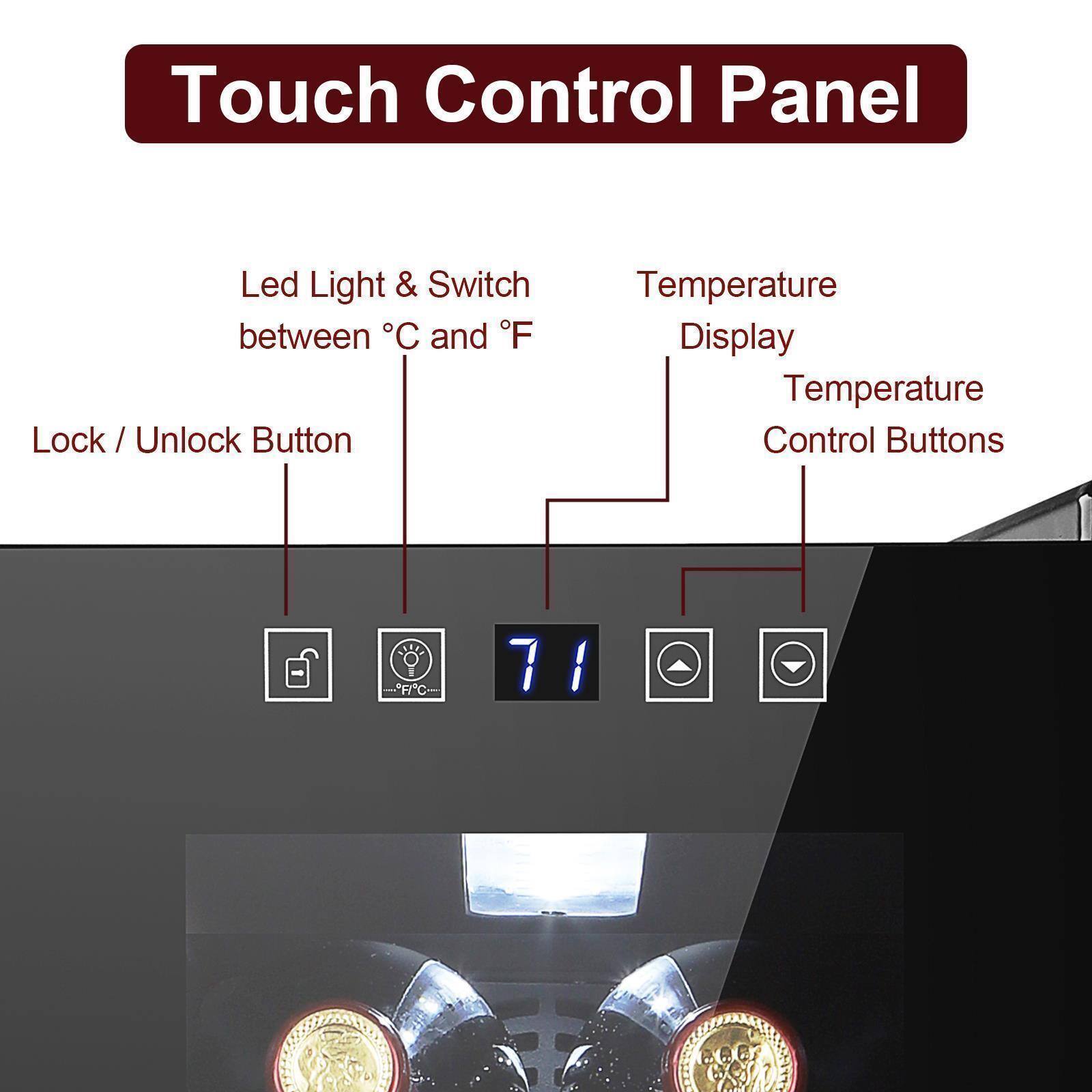Touch Control Panel  
Led Light & Switch between °C and °F  
Lock / Unlock Button  
Temperature Display  
Temperature Control Buttons