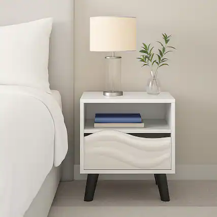 Front. Hivvago - Bedside Cabinet with 3D Wave Detail and Lower Shelf - White.