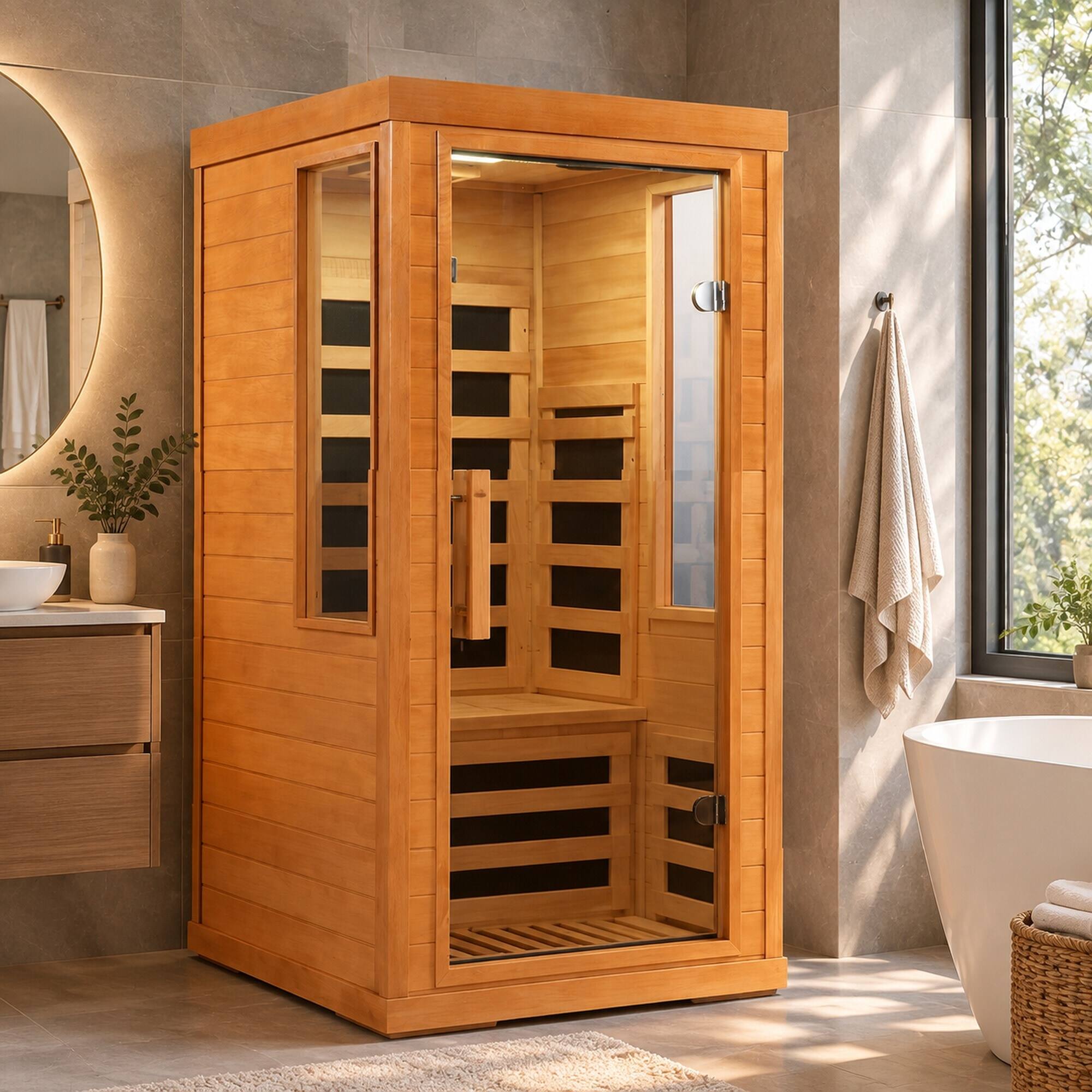 Back. RYHNUYNE - One Person Far Infrared Sauna, 31.5 x 31.5 x 63.3 in, Okoume Wood, Tempered Glass Door, Bluetooth Audio and 7-Color - Red.