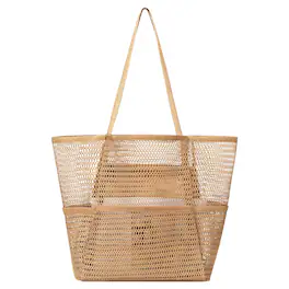 Unique Bargains - Woven Tote Bag Foldable Large Capacity Mesh Shoulder Bag with Waterproof Bottom Retro Handle Tote Handbag for Daily - Khaki