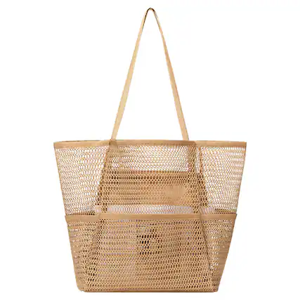 Front. Unique Bargains - Woven Tote Bag Foldable Large Capacity Mesh Shoulder Bag with Waterproof Bottom Retro Handle Tote Handbag for Daily - Khaki.