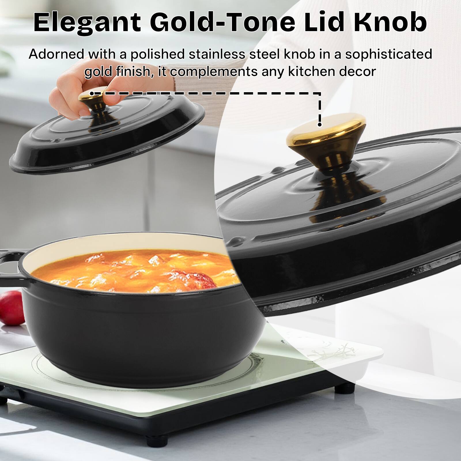 Elegant Gold-Tone Lid Knob

Adorned with a polished stainless steel knob in a sophisticated gold finish, it complements any kitchen decor.