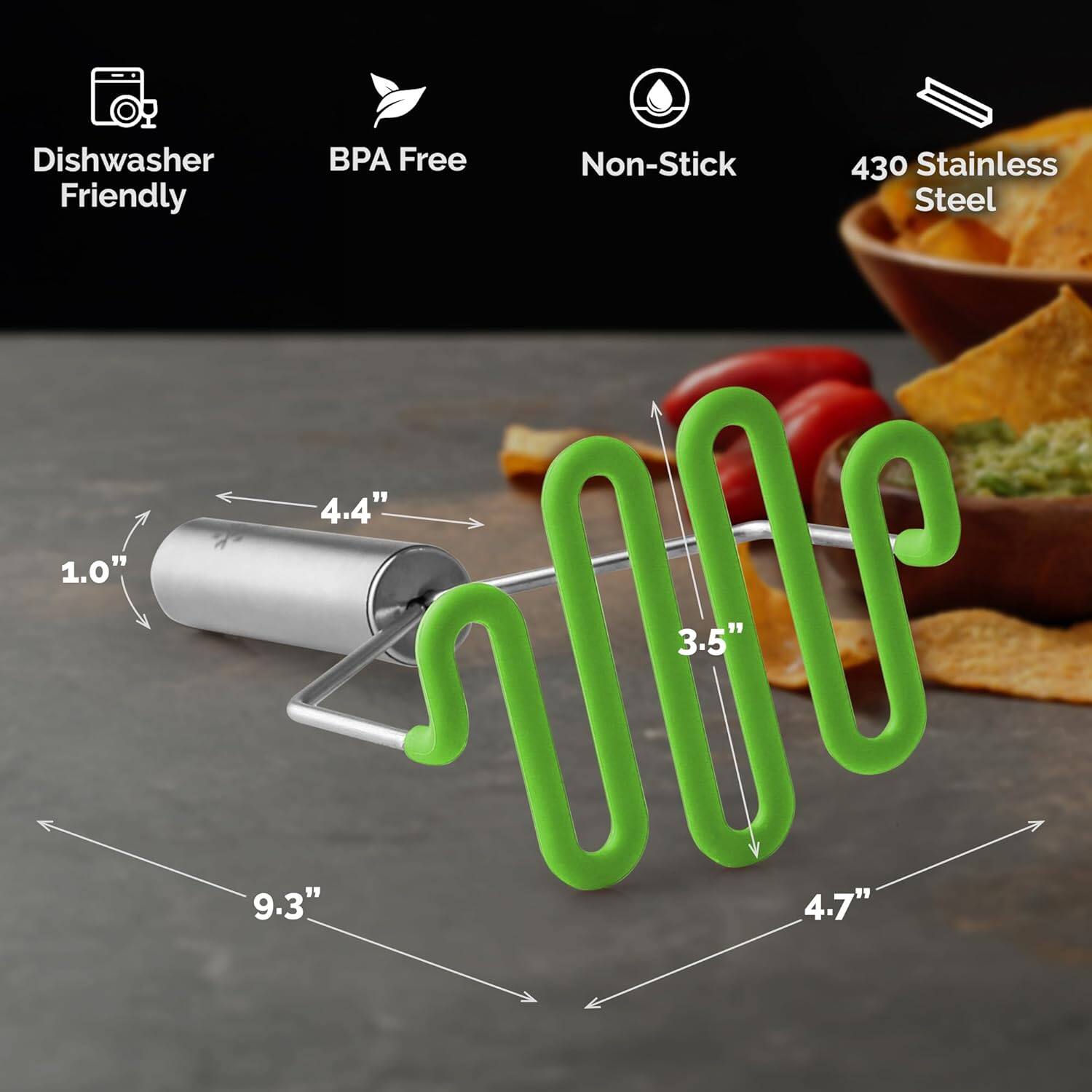 Dishwasher Friendly, BPA Free, Non-Stick, 430 Stainless Steel, 4.4", 1.0", 9.3", 3.5", 4.7"