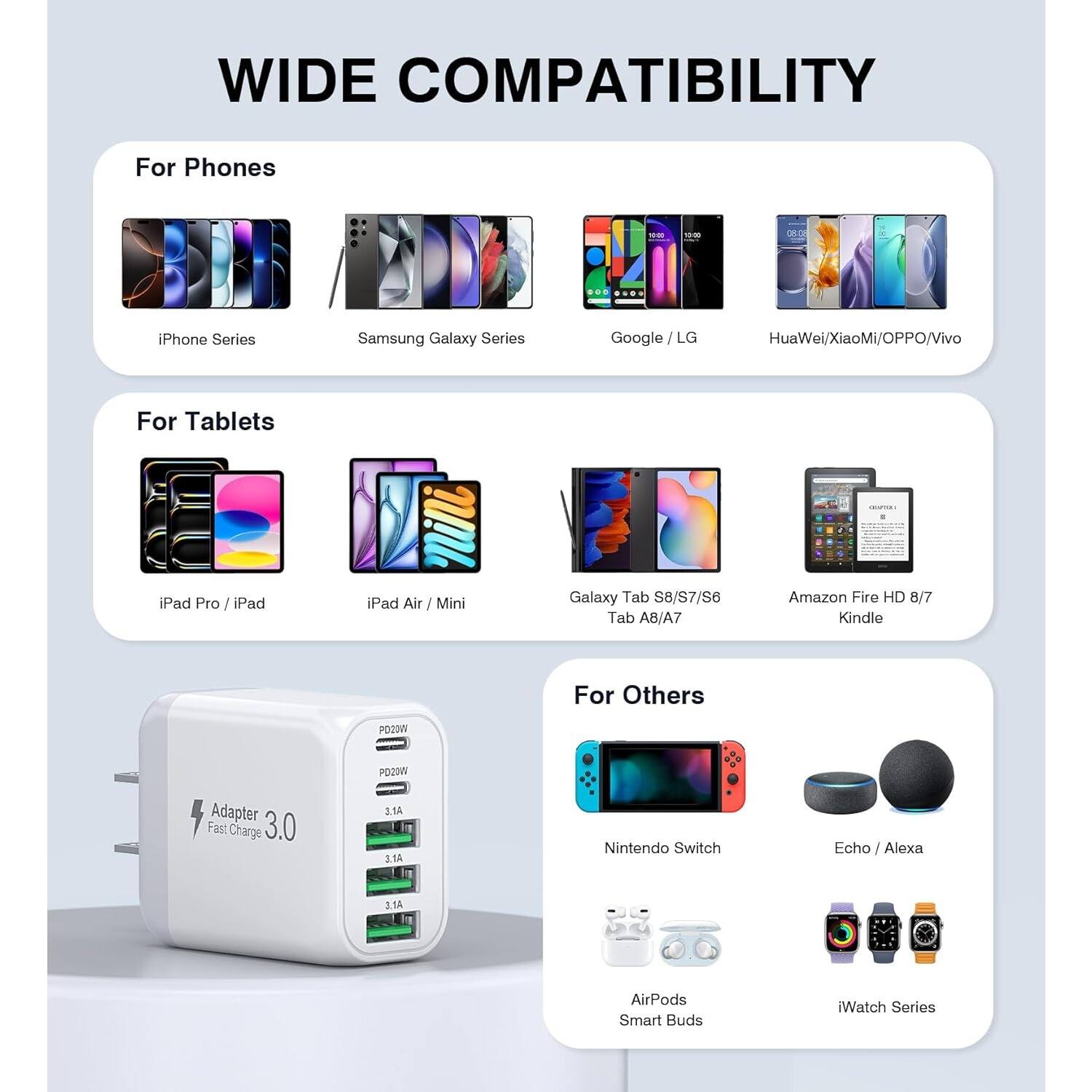 **WIDE COMPATIBILITY**

**For Phones**
- iPhone Series
- Samsung Galaxy Series
- Google / LG
- HuaWei/XiaoMi/OPPO/Vivo

**For Tablets**
- iPad Pro / iPad
- iPad Air / Mini
- Galaxy Tab S8/S7/S6 Tab A8/A7
- Amazon Fire HD 8/7 Kindle

**For Others**
- Nintendo Switch
- Echo / Alexa
- AirPods Smart Buds
- iWatch Series

**Adapter**
- Fast Charge 3.0
- PD20W
- 3.1A
- 3.1A
- 3.1A