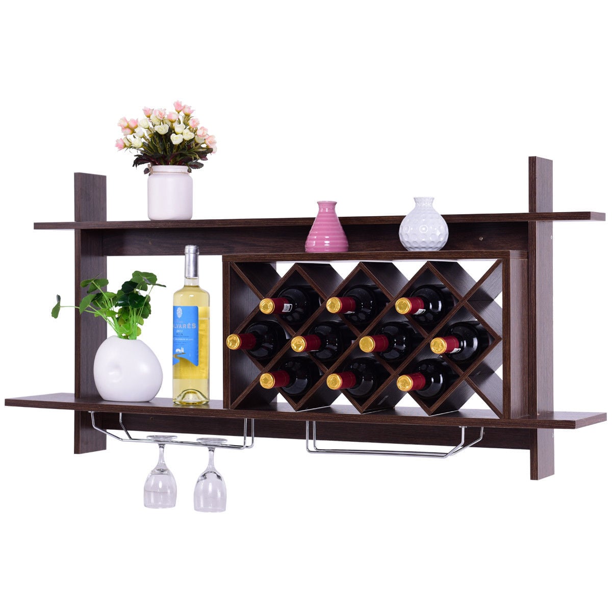 Gymax - Wall Mount Wine Rack Organizer With Glass Holder & Storage Shelf Home Decor - Black