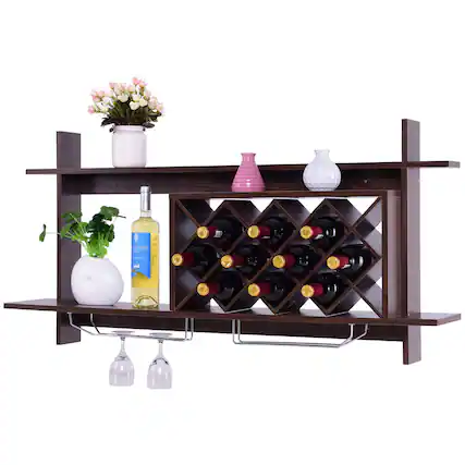 Front. Gymax - Gymax Wall Mount Wine Rack Organizer With Glass Holder & Storage Shelf Home Decor - black.