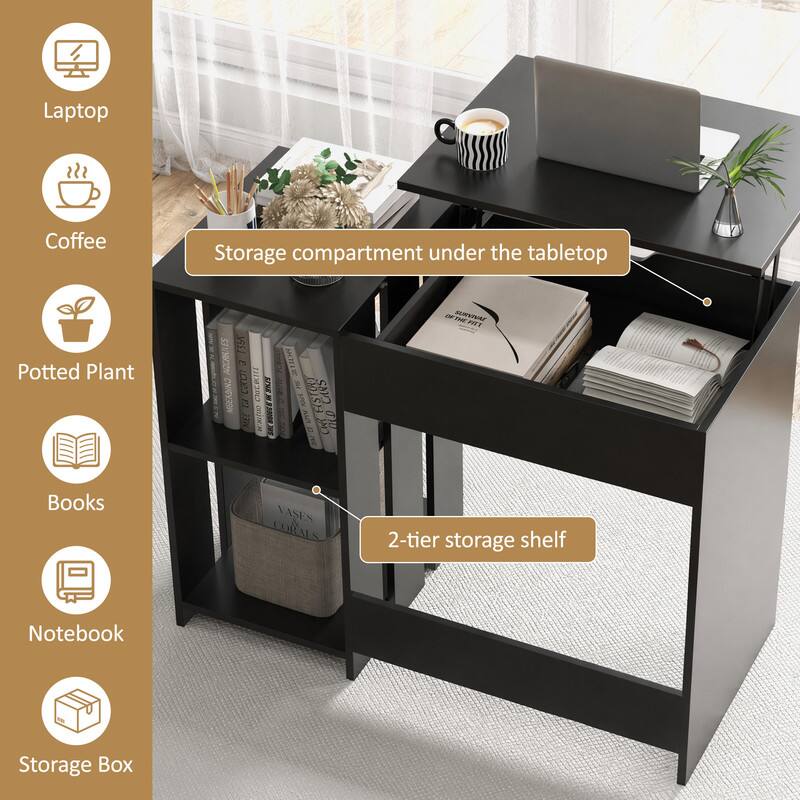 Laptop  
Coffee  
Storage compartment under the tabletop  
Potted Plant  
Books  
Notebook  
2-tier storage shelf  
Storage Box