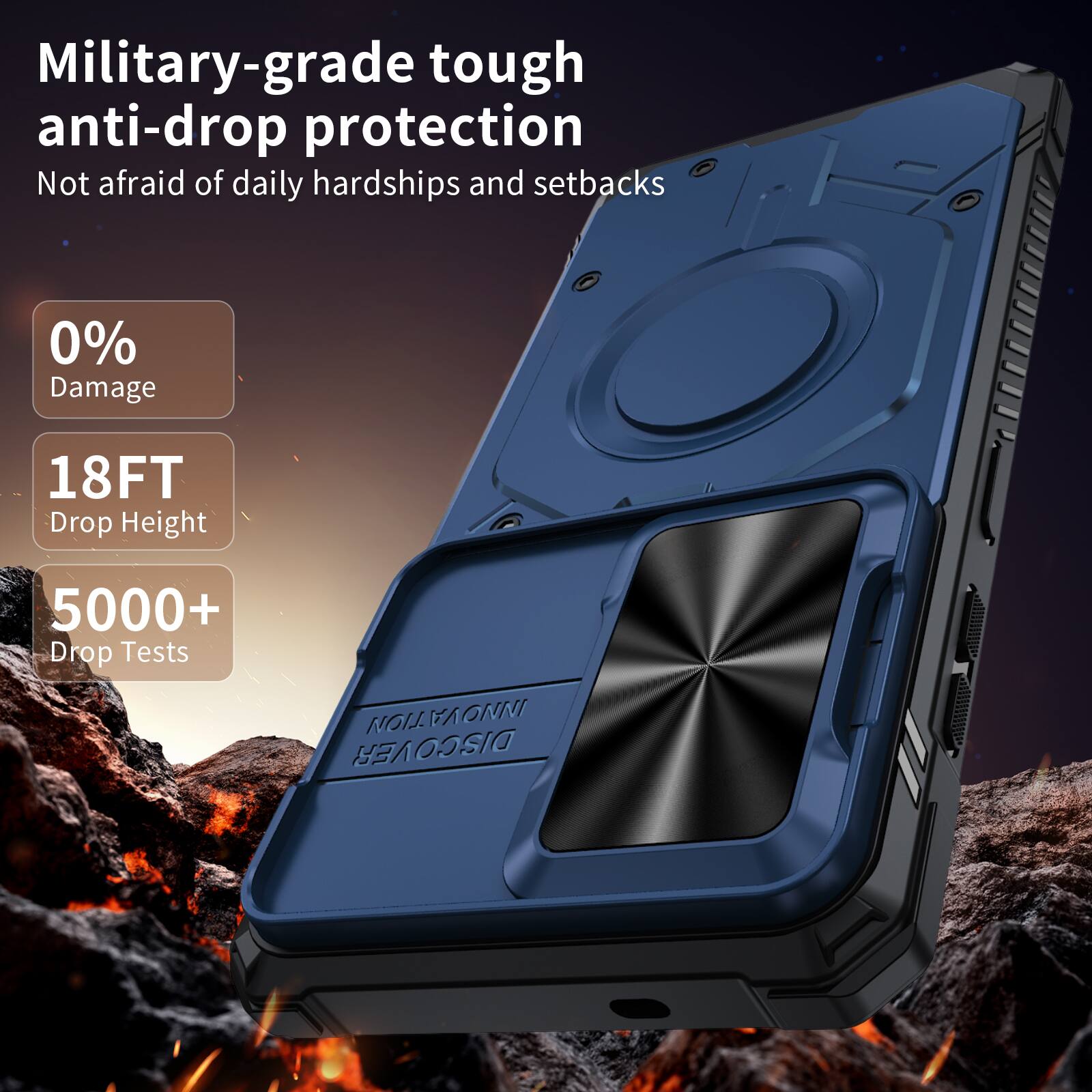 Military-grade tough anti-drop protection  
Not afraid of daily hardships and setbacks  
0% Damage  
18FT Drop Height  
5000+ Drop Tests  
NOI TVOLI DISCOVER
