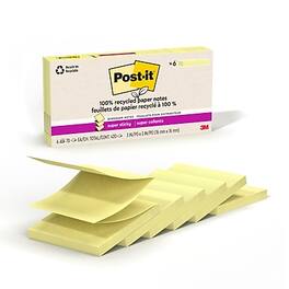 Post-it - Recycled Pop-up Super Sticky Notes, 3" x 3", Canary Collection, 70 Sheets/Pad, 6 Pads/Pack - Yellow