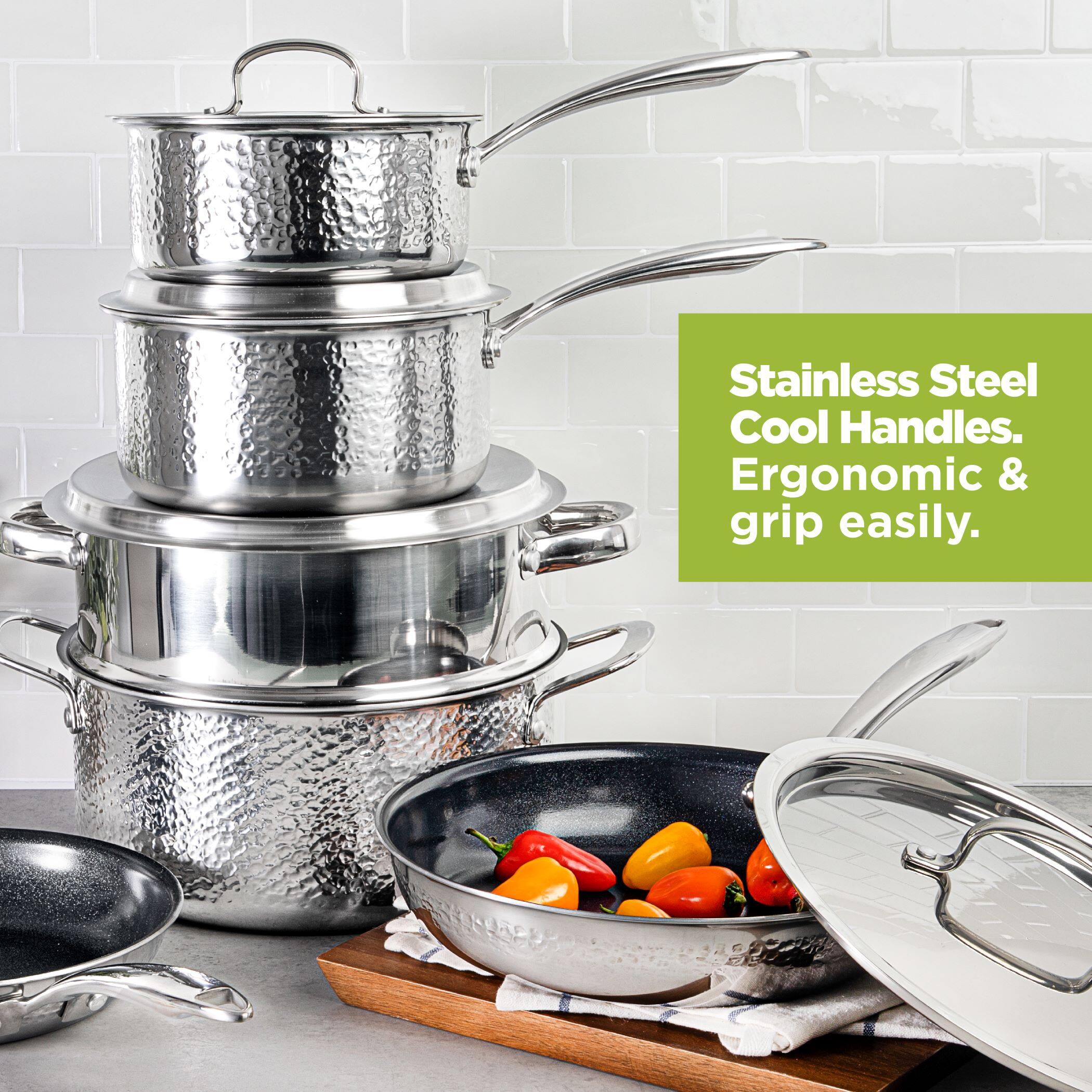 Granitestone - Stainless Steel Hammered 10 Piece Nonstick Ceramic Cookware Set - Silver - Thumbnail 3