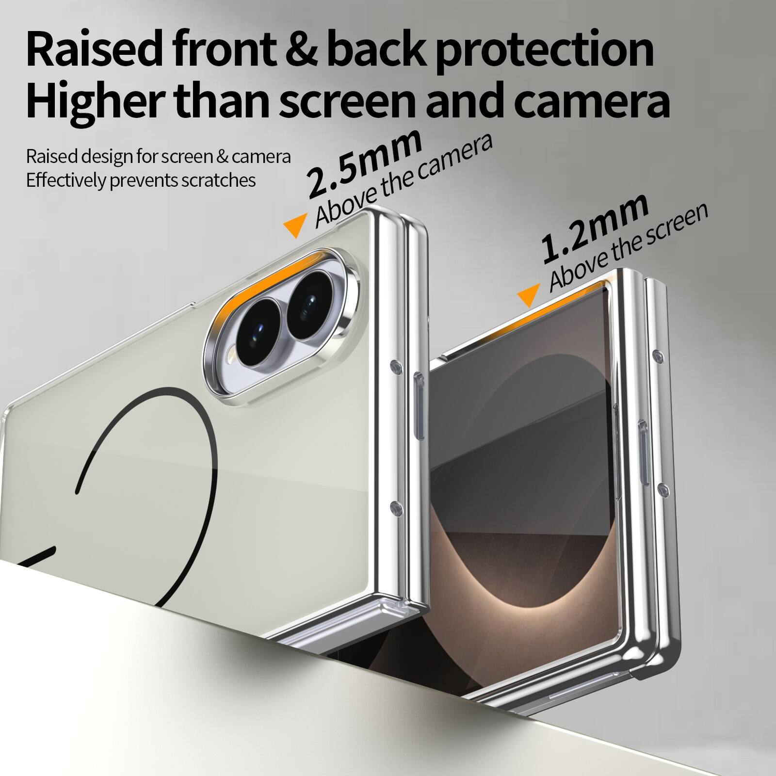 Raised front & back protection  
Higher than screen and camera  

Raised design for screen & camera  
Effectively prevents scratches  

2.5mm Above the camera  
1.2mm Above the screen