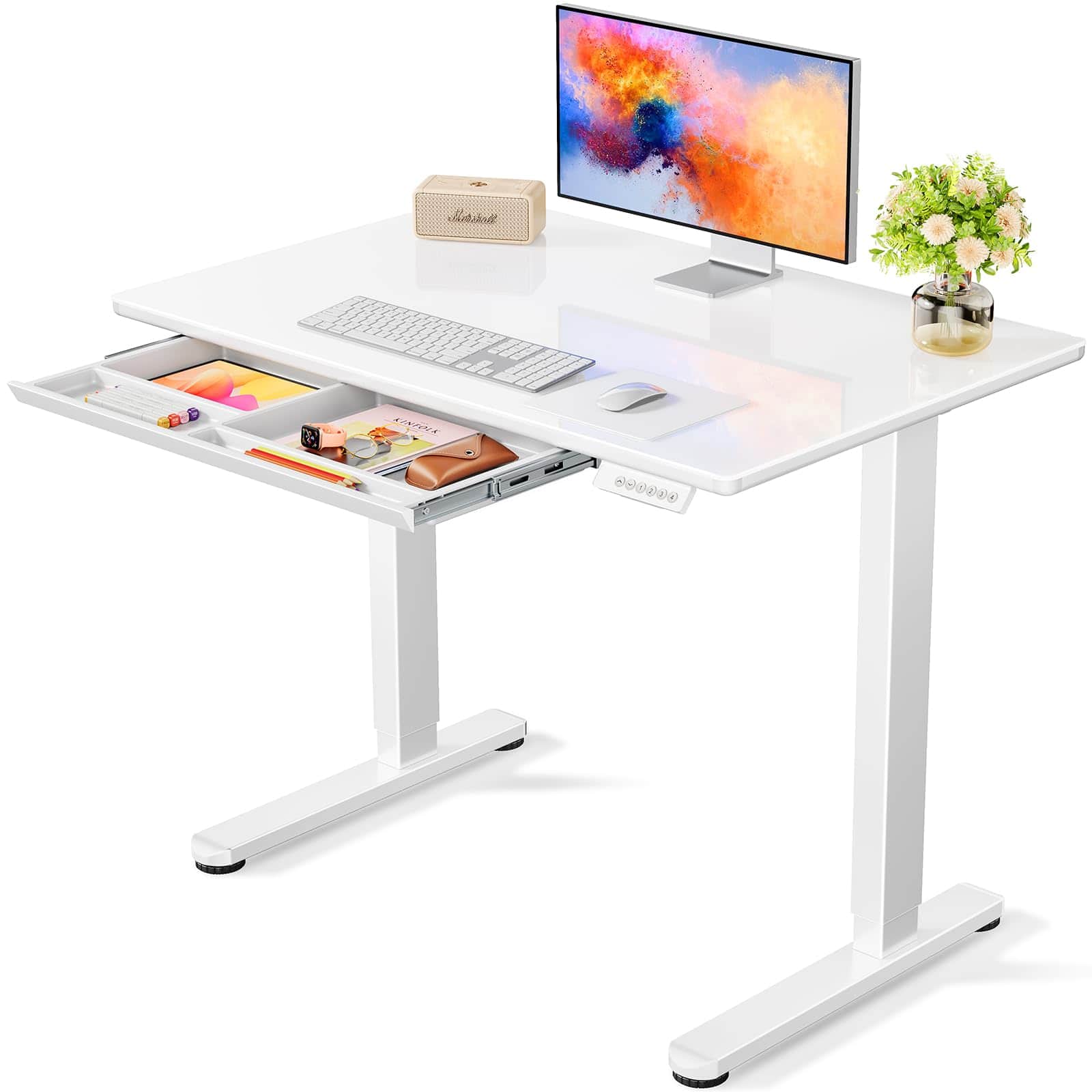 Hirose Alice - Marsail Glass Standing Desk with Drawer Stand up Desk Standing Desk Adjustable Height with One-Piece Temper - White Glass Top 37*22 Inch