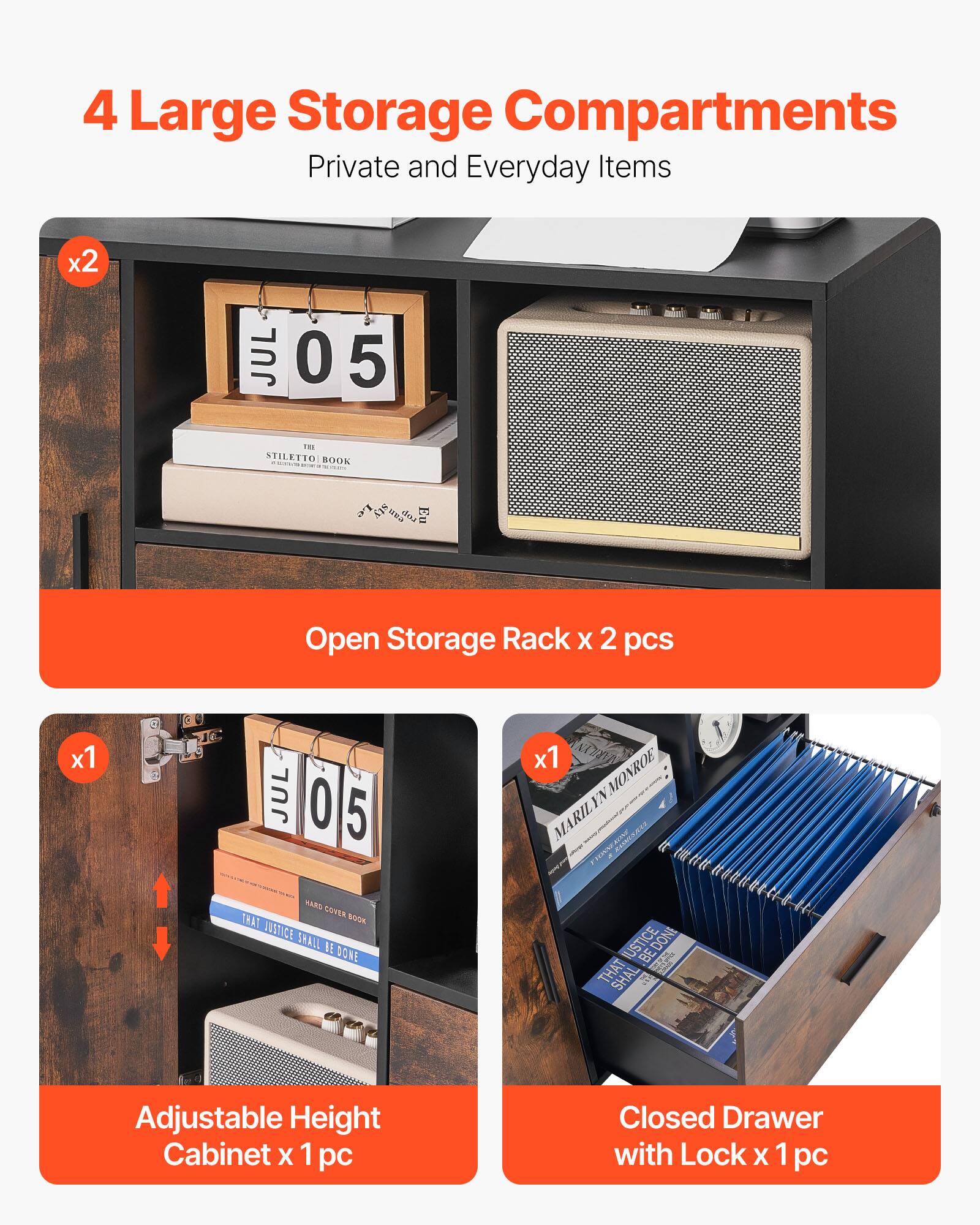 4 Large Storage Compartments  
Private and Everyday Items  

x2  
Open Storage Rack x 2 pcs  

x1  
Adjustable Height Cabinet x 1 pc  

x1  
Closed Drawer with Lock x 1 pc