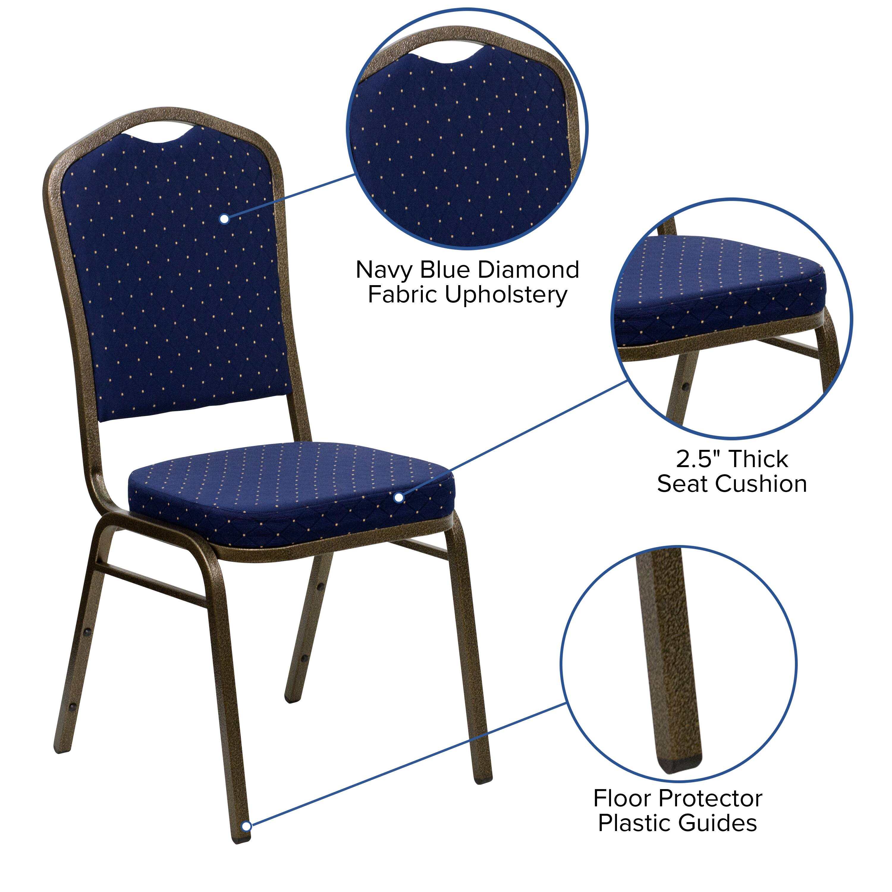 Navy Blue Diamond Fabric Upholstery  
2.5" Thick Seat Cushion  
Floor Protector Plastic Guides