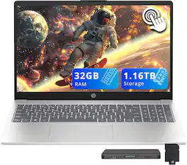 HP - 15.6" HD Touchscreen Laptop, Intel i3-1315U, 32GB RAM, 1TB SSD,Intel UHD Graphics,Win 11,160GB Dock Set - Silver
