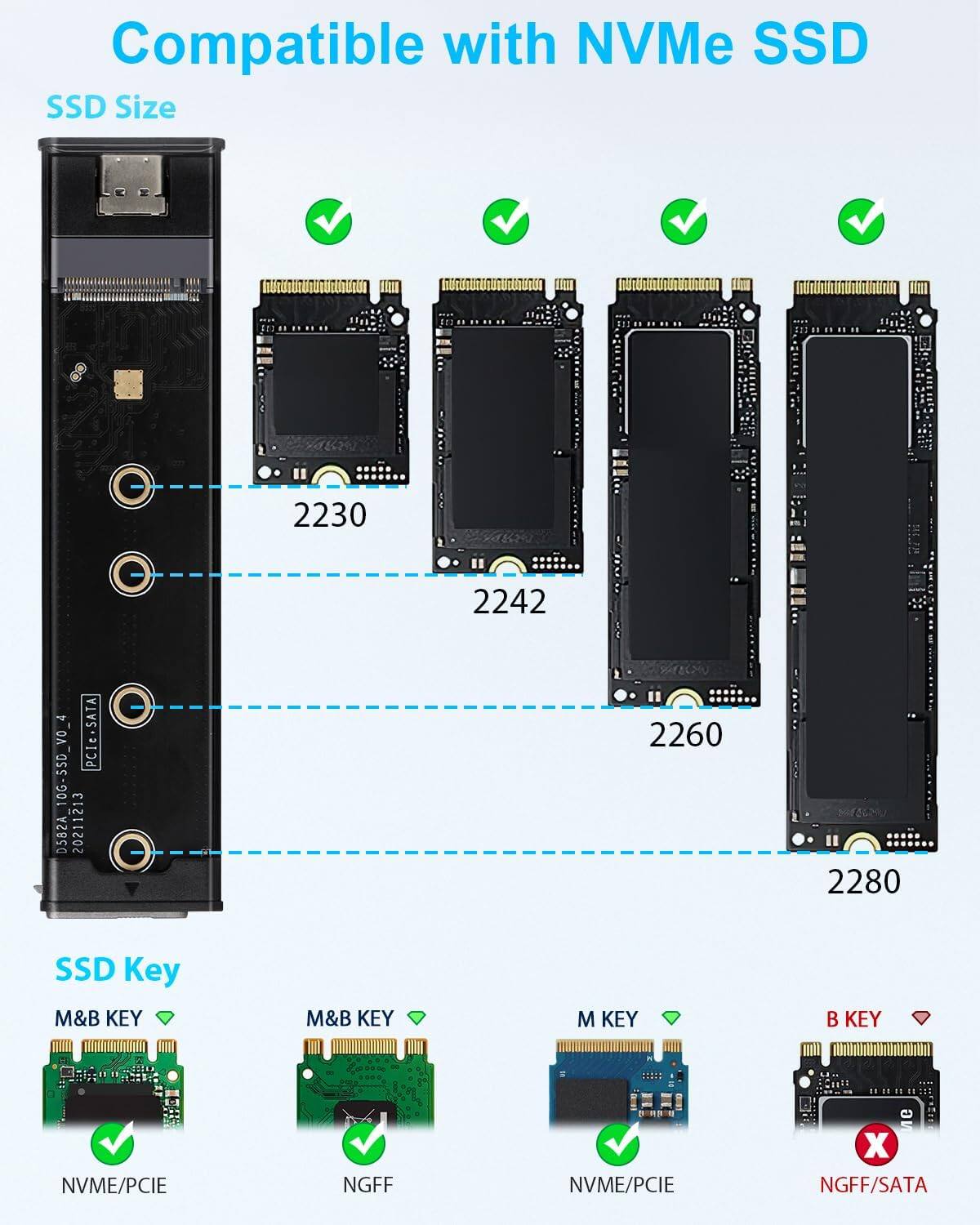Compatible with NVMe SSD

SSD Size
- 2230
- 2242
- 2260
- 2280

SSD Key
- M&B KEY: NVME/PCIE
- M&B KEY: NGFF
- M KEY: NVME/PCIE
- B KEY: NGFF/SATA (Not Compatible)