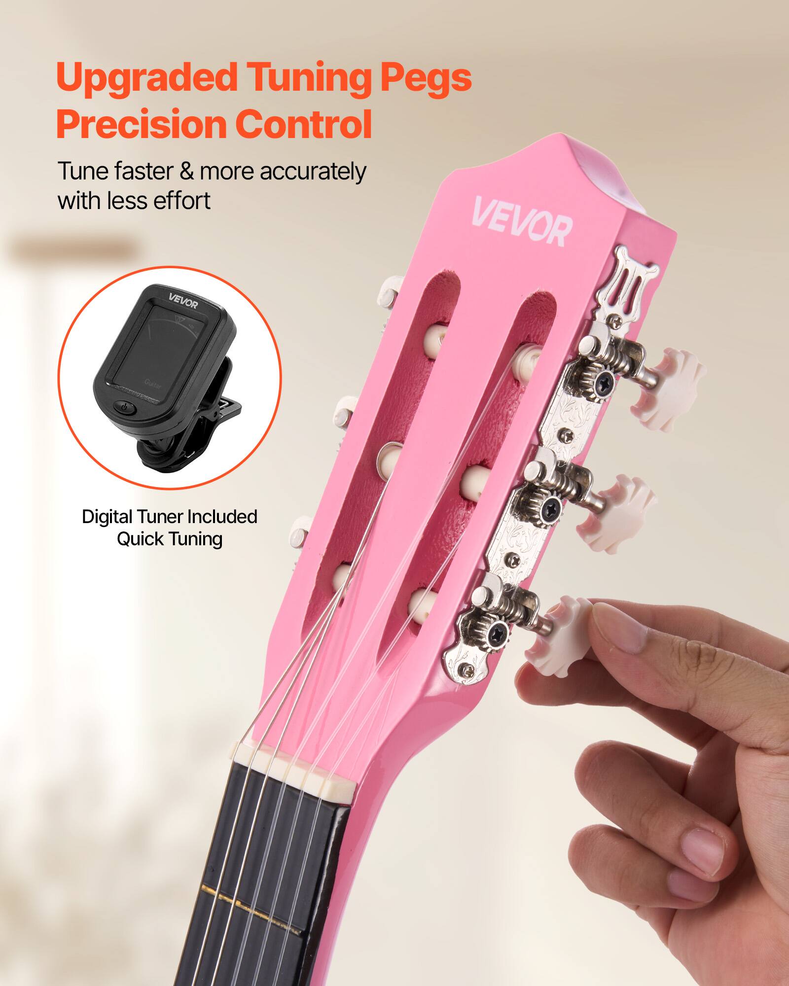 Upgraded Tuning Pegs  
Precision Control  
Tune faster & more accurately with less effort  

VEVOR  

Digital Tuner Included  
Quick Tuning