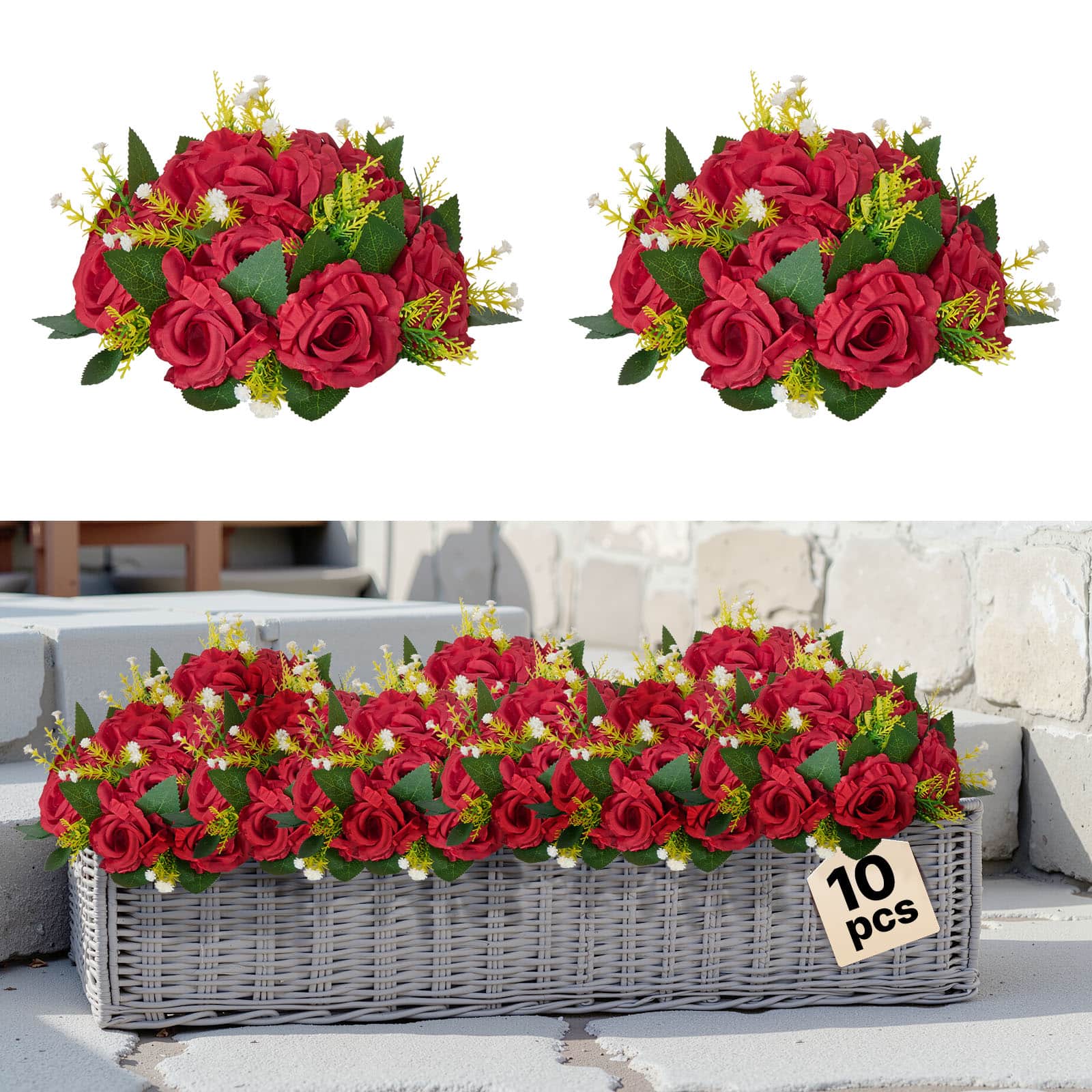 VEVOR - Flower Balls Arrangement Bouquet 10 PCS, 9.5-Inch Wedding Red Roses Centerpieces - Red,Green