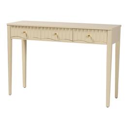 bali & pari - Leeba Console Table - 3-Drawer Accent Table with Fluted Wood and Scalloped Framing for Living Room, Hallway, or Entryway - Beige
