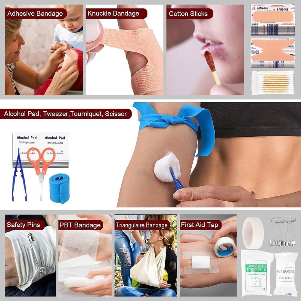 Adhesive Bandage  
Knuckle Bandage  
Cotton Sticks  

Alcohol Pad, Tweezer, Tourniquet, Scissor  
Alcohol Pad  
Alcohol Pad  

Safety Pins  
PBT Bandage  
Triangulaire Bandage  
First Aid Tap