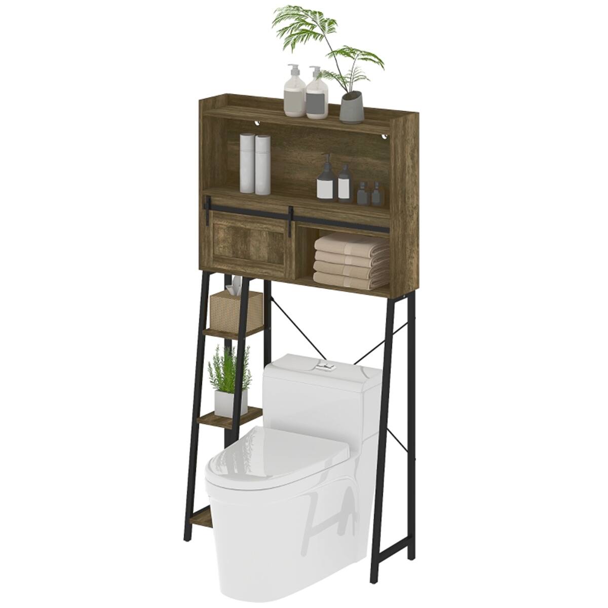 Front. SlickBlue - Over Toilet Bathroom Cabinet with Shelves and Enclosed Storage - Distressed Brown, Black.
