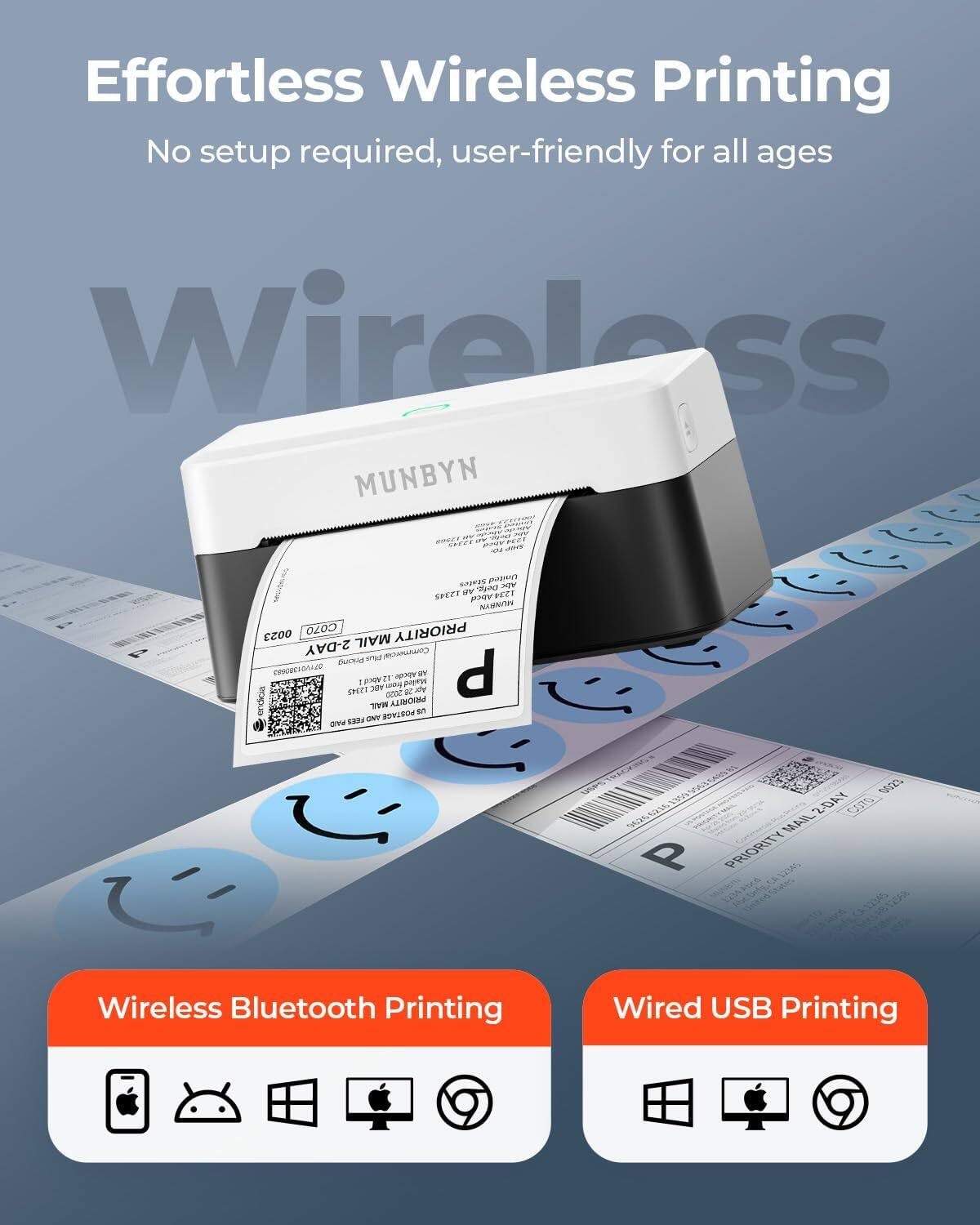 Effortless Wireless Printing  
No setup required, user-friendly for all ages  

Wireless Bluetooth Printing  
Wired USB Printing