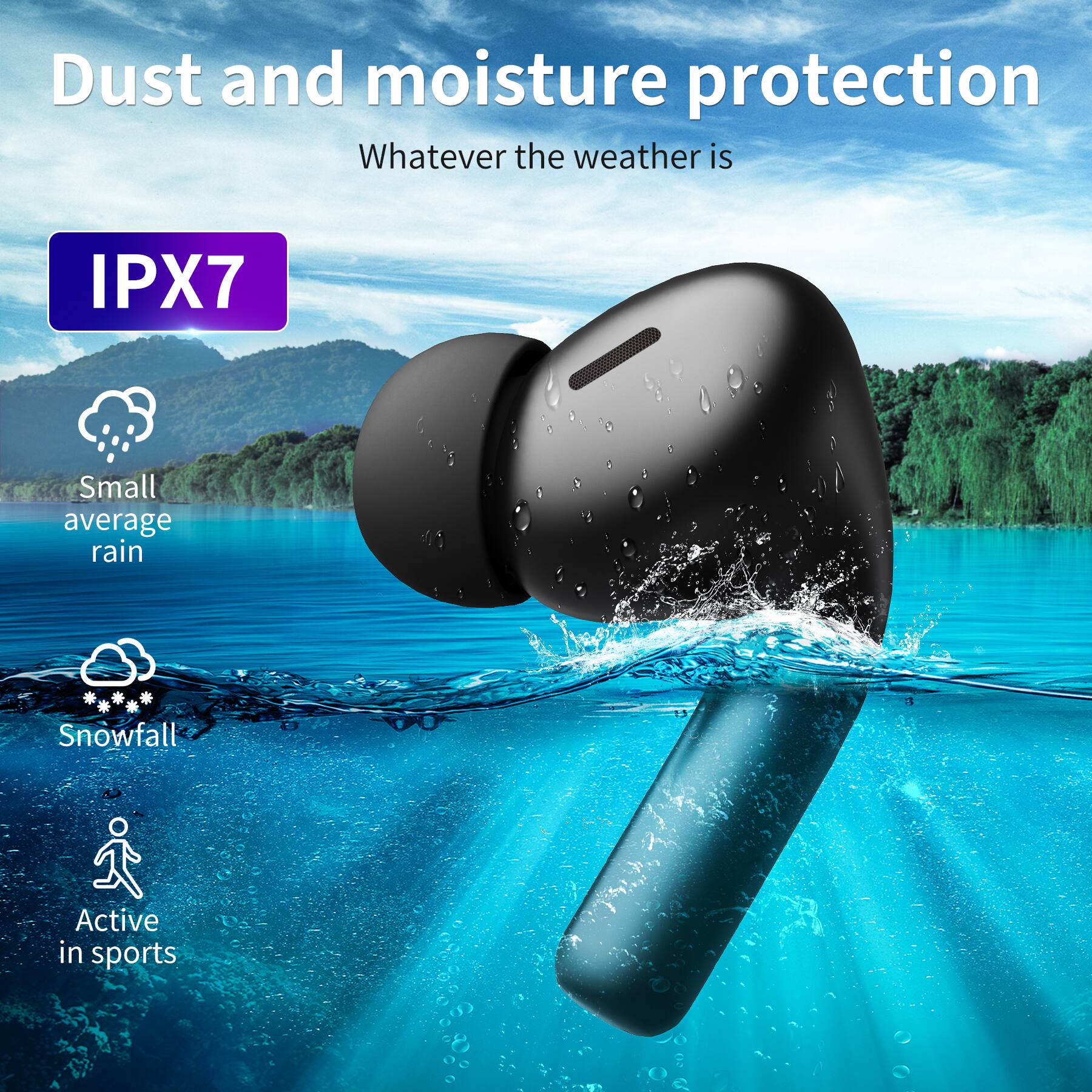 Dust and moisture protection  
Whatever the weather is  

IPX7  

Small average rain  
Snowfall  
Active in sports