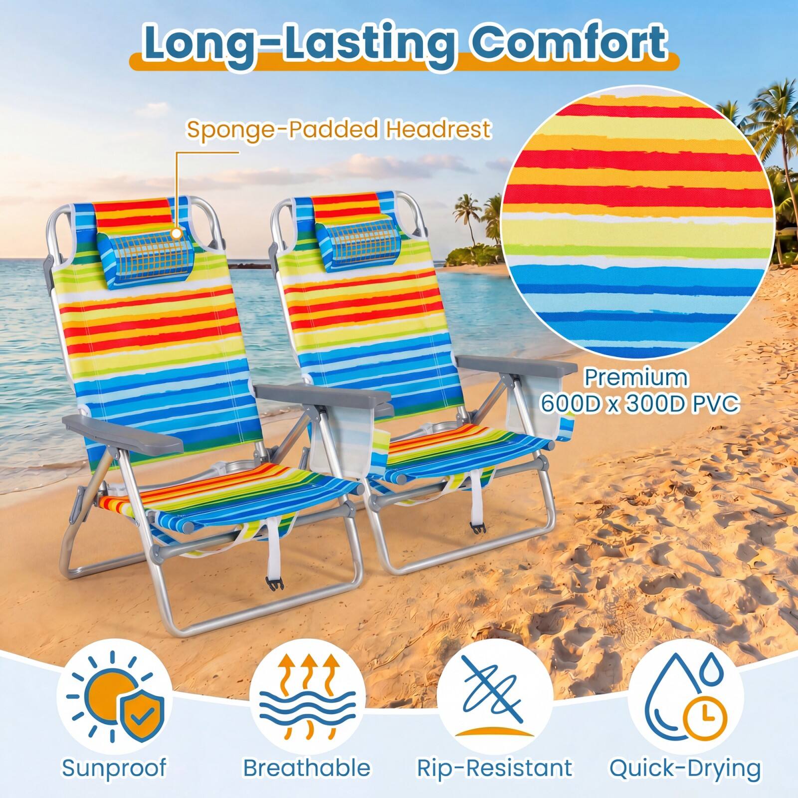 Long-Lasting Comfort  
Sponge-Padded Headrest  
Premium 600D x 300D PVC  
Sunproof  
Breathable  
Rip-Resistant  
Quick-Drying
