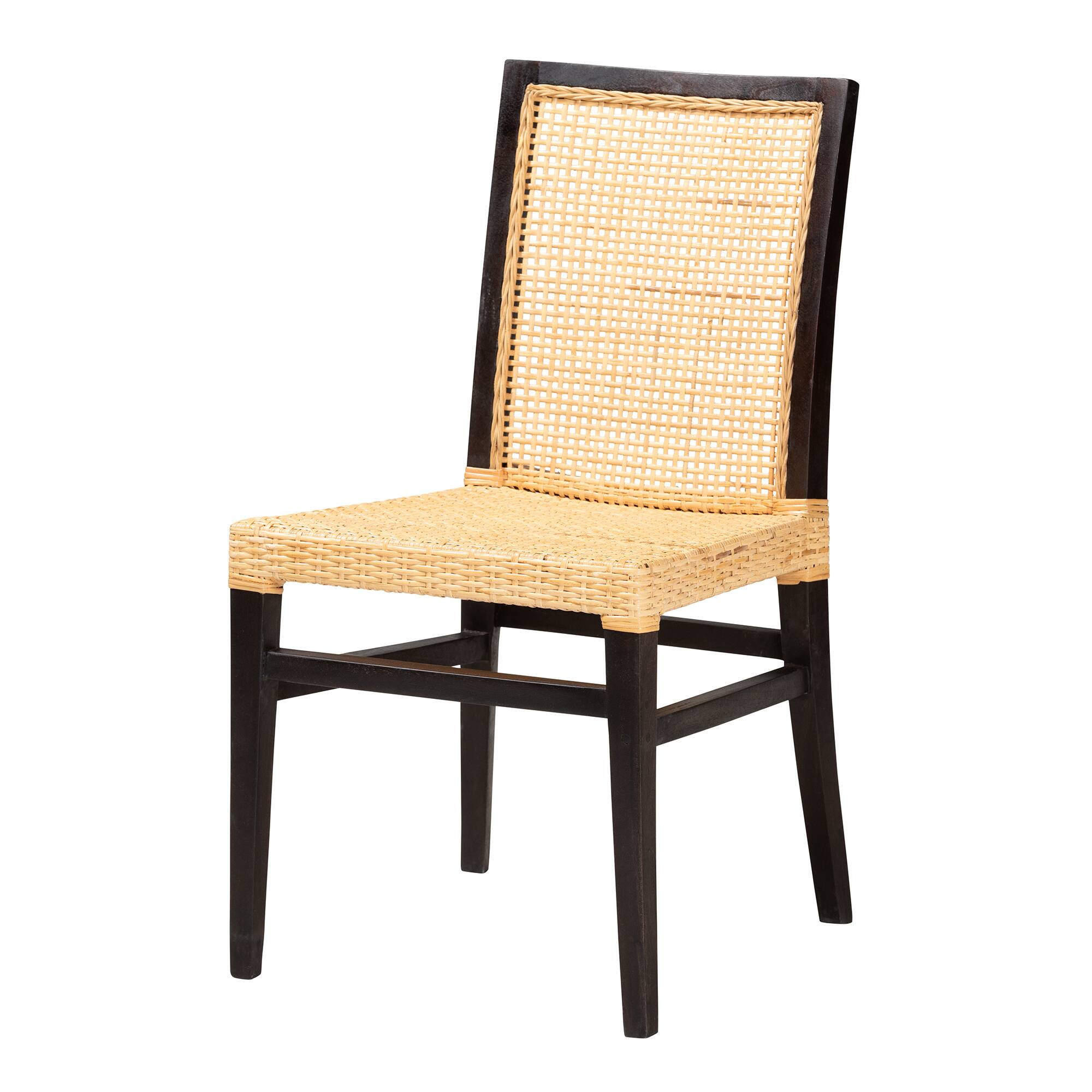 Front. bali & pari - Lingga Modern Bohemian Mahogany Wood and Natural Rattan Dining Chair - Dark Brown/Natural Brown.