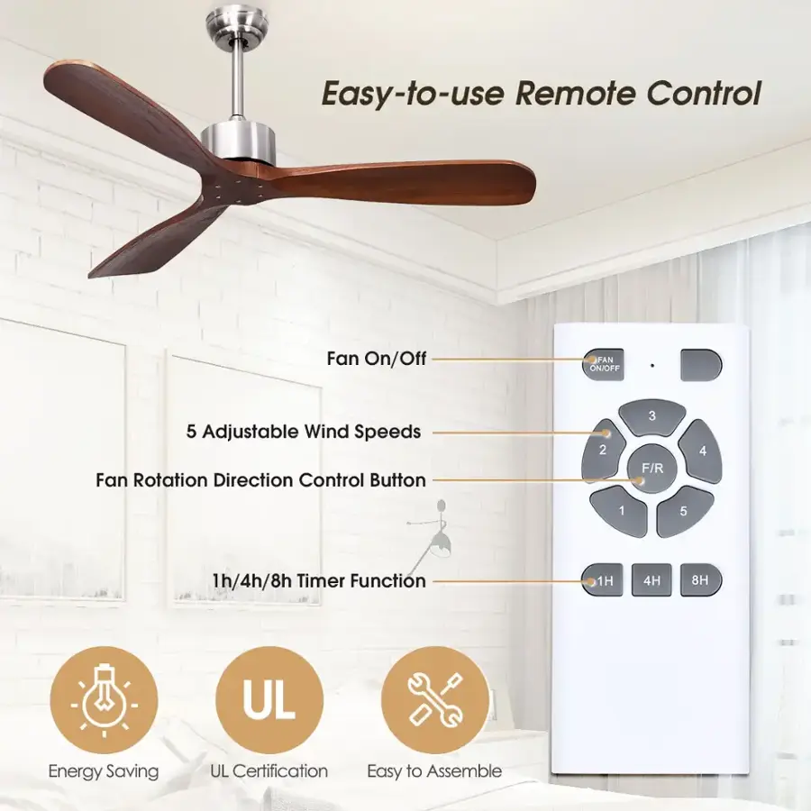 Easy-to-use Remote Control Fan On/Off Fan On/Off 5 Adjustable Wind Speeds Fan Rotation Direction Control Button 2/3 F/R 4/1/5 1h/4h/8h Timer Function 1H/4H/8H UL Energy Saving UL Certification Easy to Assemble